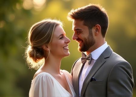 Wedding couple smiling outdoors in natural light