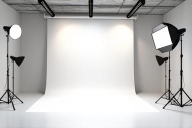 Empty photo studio space with professional lighting equipment