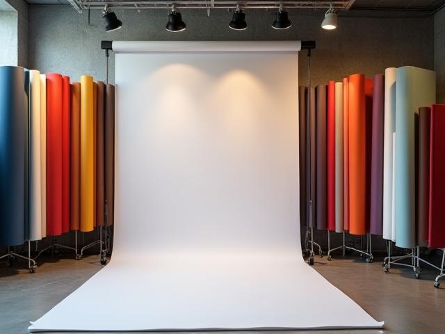 View of available studio backdrops in various colors
