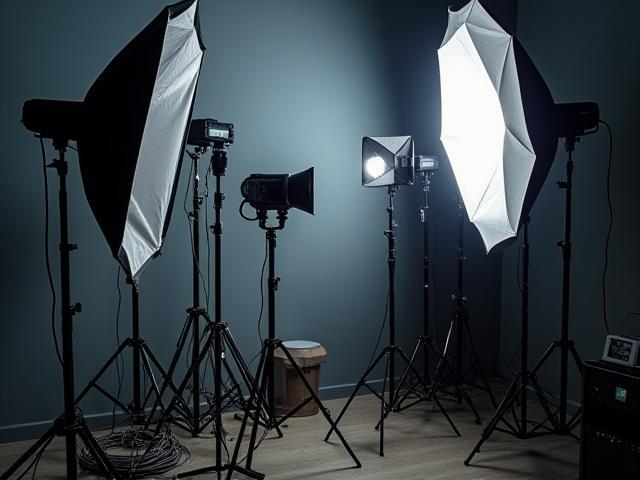 Professional lighting and photography equipment setup in the studio corner